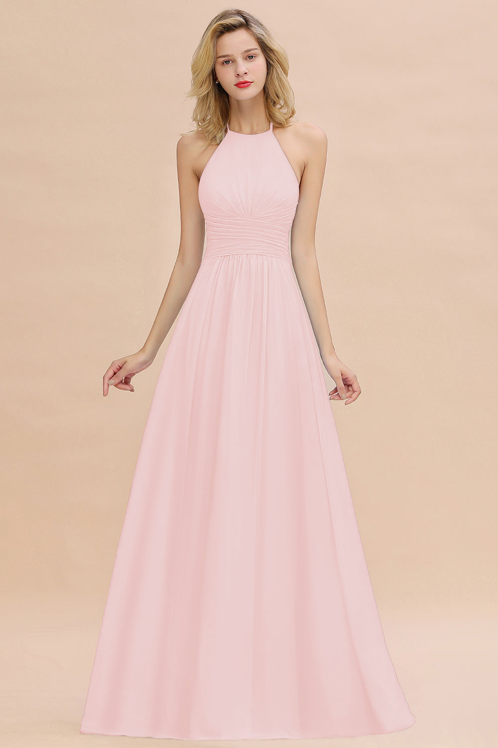 Glamorous Halter Backless Long Affordable Bridesmaid Dresses with Ruffle