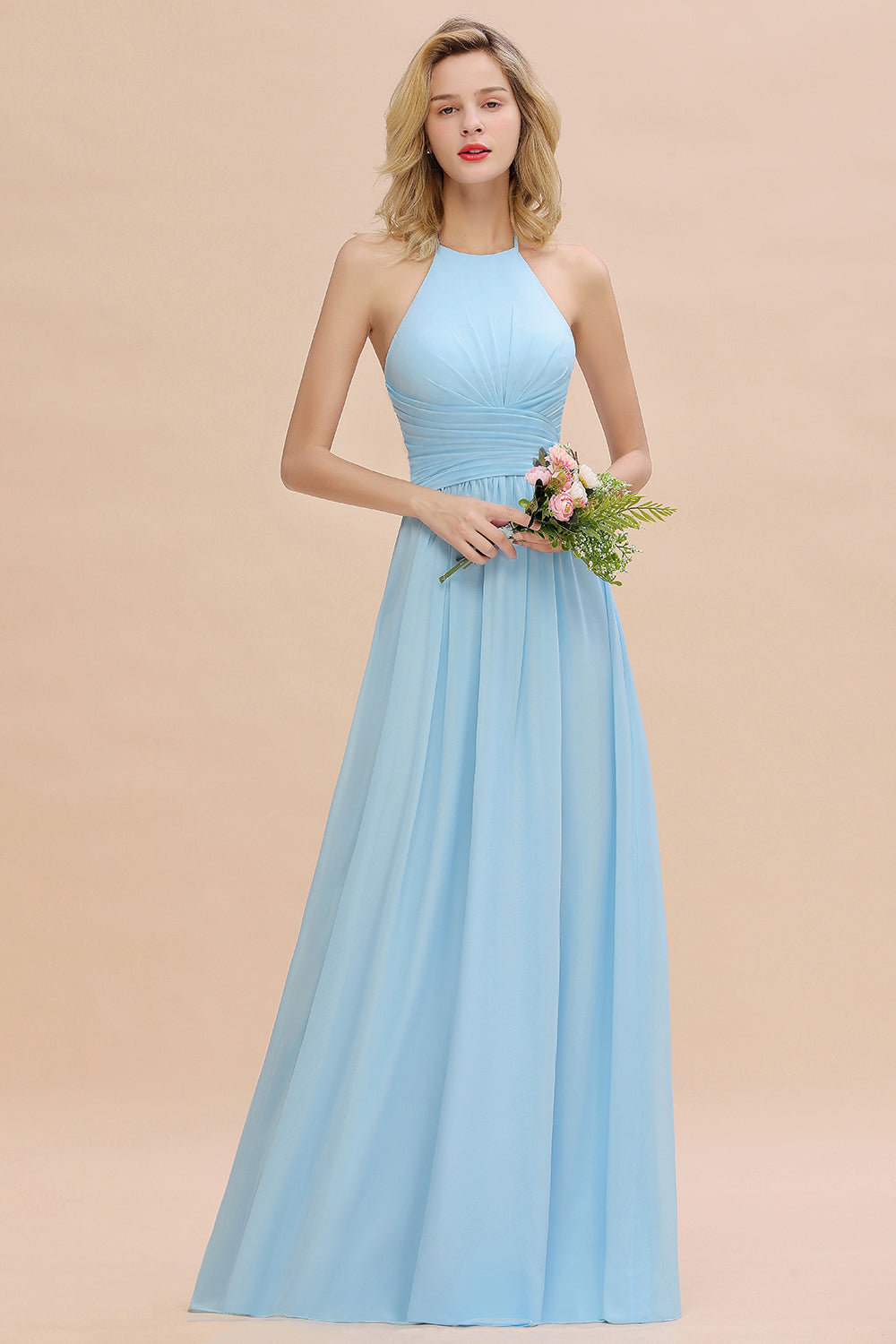 Glamorous Halter Backless Long Affordable Bridesmaid Dresses with Ruffle