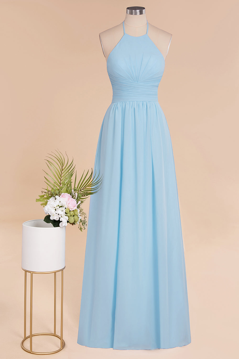 Glamorous Halter Backless Long Affordable Bridesmaid Dresses with Ruffle