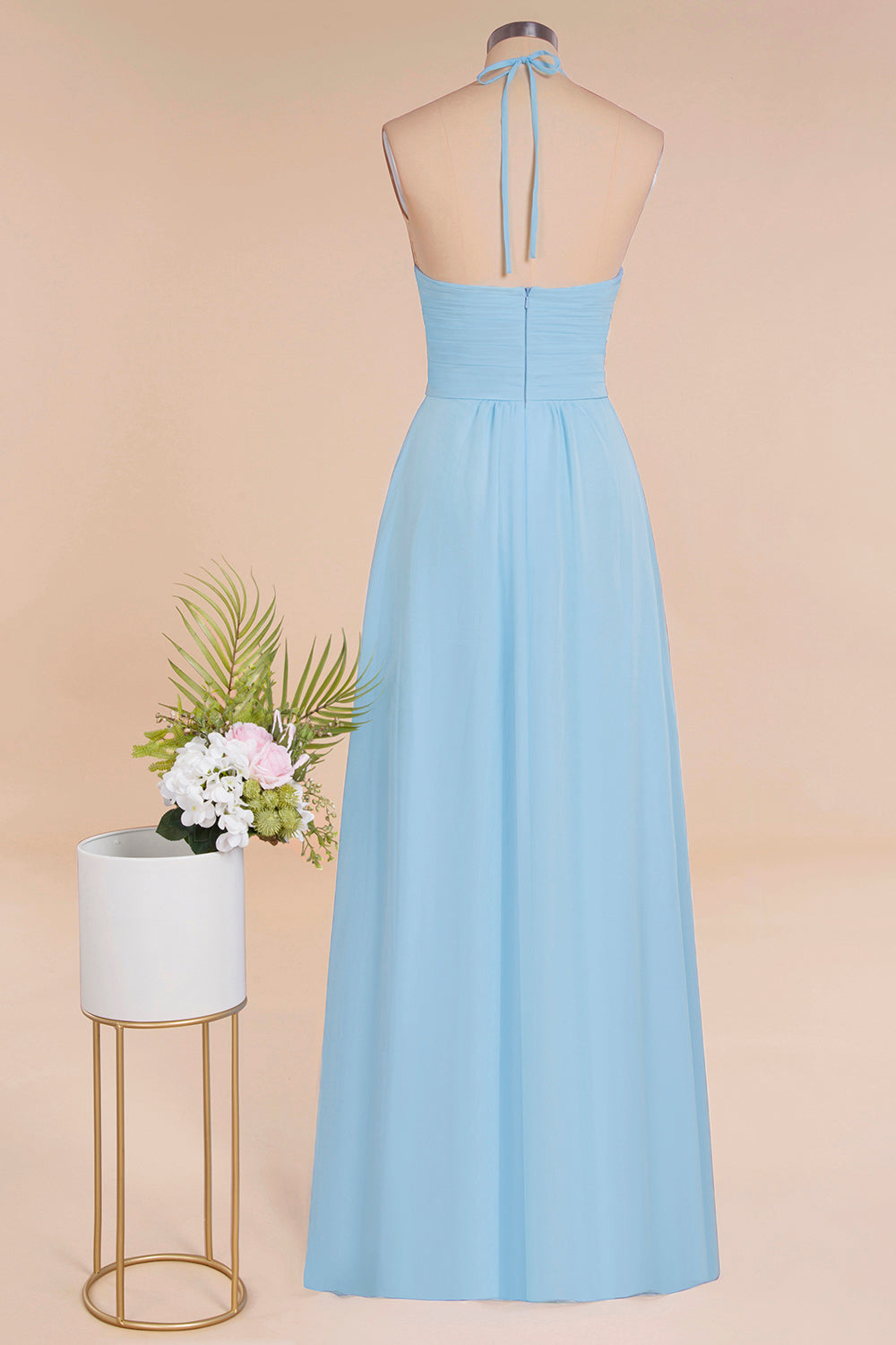 Glamorous Halter Backless Long Affordable Bridesmaid Dresses with Ruffle