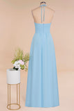 Glamorous Halter Backless Long Affordable Bridesmaid Dresses with Ruffle