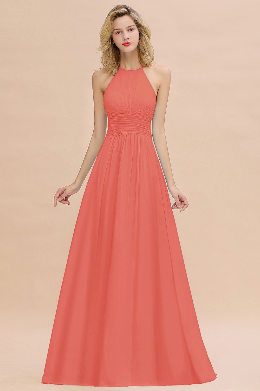 Glamorous Halter Backless Long Affordable Bridesmaid Dresses with Ruffle