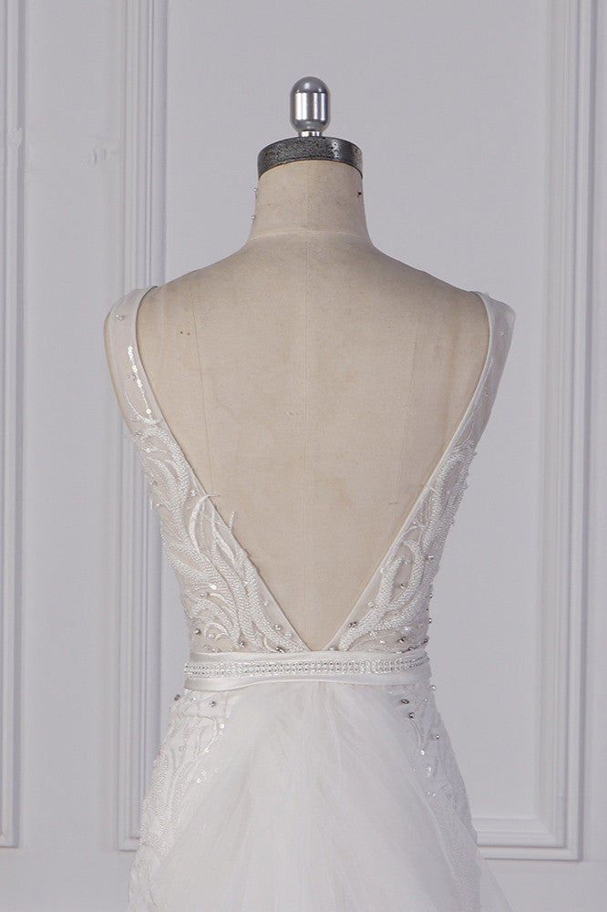 Glamorous Jewel Beadings Sheath Wedding Dress Tulle Beadings Appliques Bridal Gowns On Sale