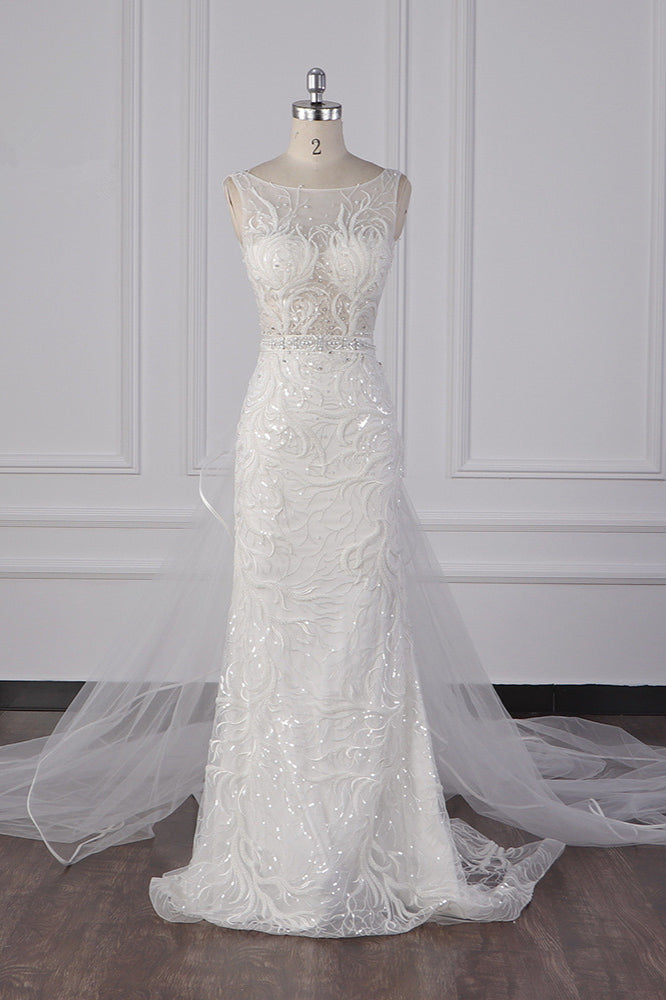 Glamorous Jewel Beadings Sheath Wedding Dress Tulle Beadings Appliques Bridal Gowns On Sale