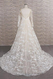 Glamorous Jewel Longsleeves Champagne Wedding Dresses A-line Lace Bridal Gowns With Appliques On Sale