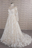 Glamorous Jewel Longsleeves Champagne Wedding Dresses A-line Lace Bridal Gowns With Appliques On Sale