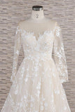 Glamorous Jewel Longsleeves Champagne Wedding Dresses A-line Lace Bridal Gowns With Appliques On Sale