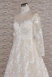 Glamorous Jewel Longsleeves Champagne Wedding Dresses A-line Lace Bridal Gowns With Appliques On Sale