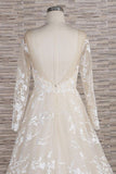 Glamorous Jewel Longsleeves Champagne Wedding Dresses A-line Lace Bridal Gowns With Appliques On Sale