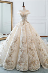 Glamorous Jewel Sleeveless Champagne Wedding Dress Appliques Bridal Gowns with Beadings Online