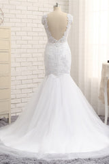 Glamorous Jewel Sleeveless Tulle Wedding Dresses White Mermaid Satin Bridal Gowns With Appliques On Sale