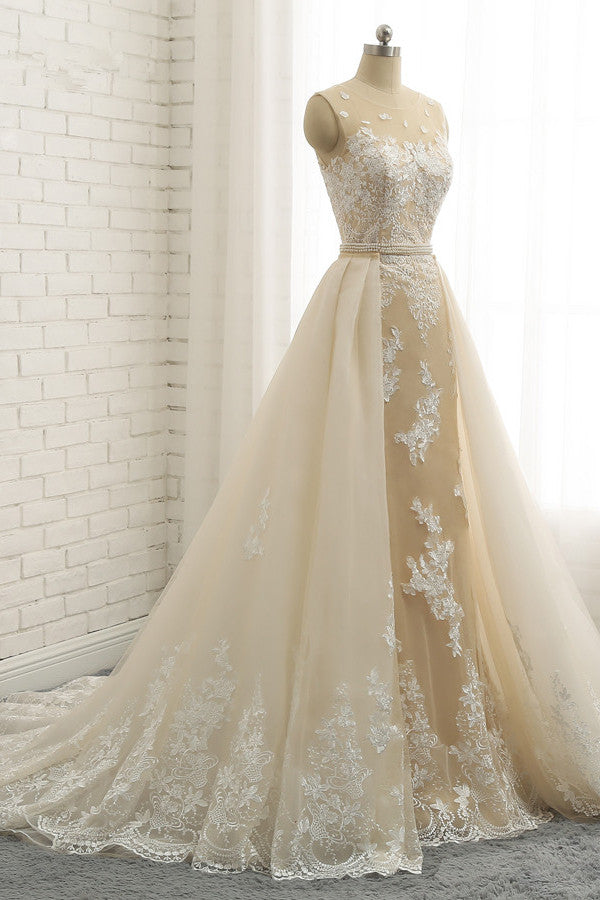 Glamorous Jewel Tulle Champagne Wedding Dress Appliques Sleeveless Overskirt Bridal Gowns with Beading Sash Online
