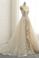 Glamorous Jewel Tulle Champagne Wedding Dress Appliques Sleeveless Overskirt Bridal Gowns with Beading Sash Online