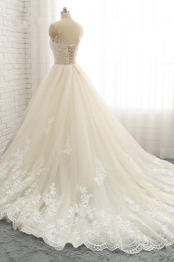 Glamorous Jewel Tulle Champagne Wedding Dress Appliques Sleeveless Overskirt Bridal Gowns with Beading Sash Online