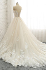 Glamorous Jewel Tulle Champagne Wedding Dress Appliques Sleeveless Overskirt Bridal Gowns with Beading Sash Online