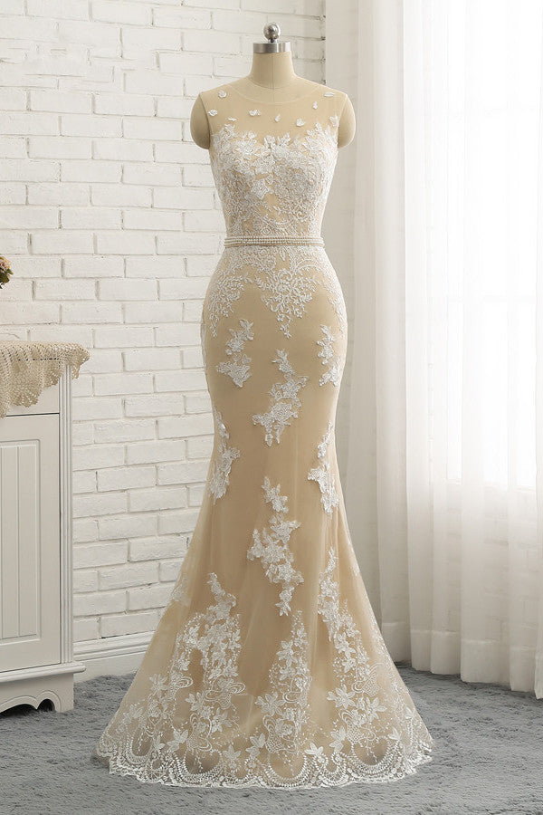 Glamorous Jewel Tulle Champagne Wedding Dress Appliques Sleeveless Overskirt Bridal Gowns with Beading Sash Online
