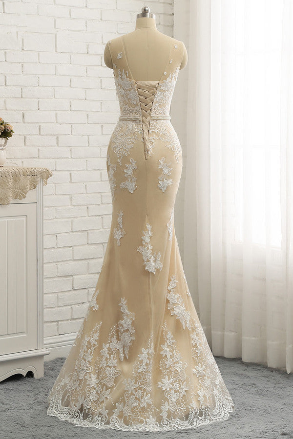 Glamorous Jewel Tulle Champagne Wedding Dress Appliques Sleeveless Overskirt Bridal Gowns with Beading Sash Online