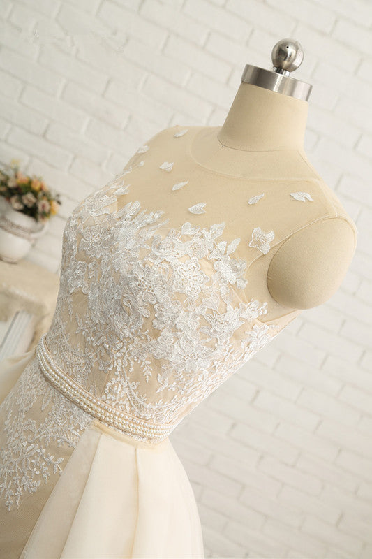 Glamorous Jewel Tulle Champagne Wedding Dress Appliques Sleeveless Overskirt Bridal Gowns with Beading Sash Online