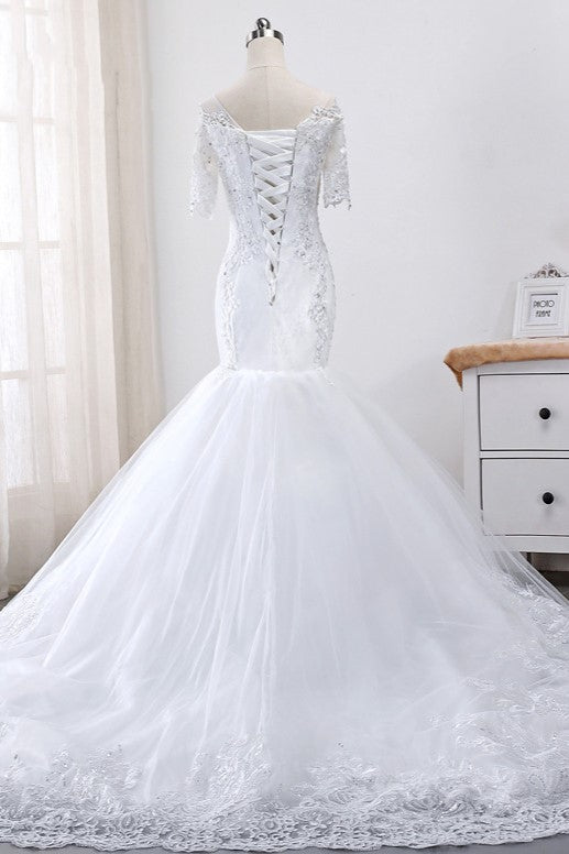 Glamorous Jewel Tulle Lace Wedding Dress Mermaid Short Sleeves Beading Bridal Gowns Online
