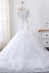 Glamorous Jewel Tulle Lace Wedding Dress Mermaid Short Sleeves Beading Bridal Gowns Online