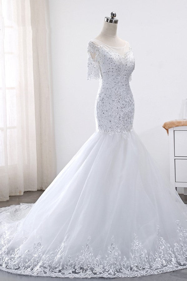 Glamorous Jewel Tulle Lace Wedding Dress Mermaid Short Sleeves Beading Bridal Gowns Online