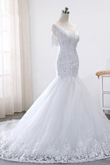 Glamorous Jewel Tulle Lace Wedding Dress Mermaid Short Sleeves Beading Bridal Gowns Online