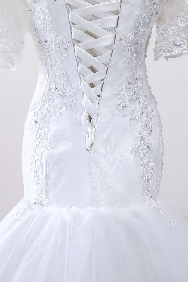 Glamorous Jewel Tulle Lace Wedding Dress Mermaid Short Sleeves Beading Bridal Gowns Online