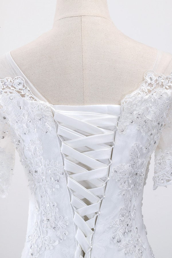 Glamorous Jewel Tulle Lace Wedding Dress Mermaid Short Sleeves Beading Bridal Gowns Online