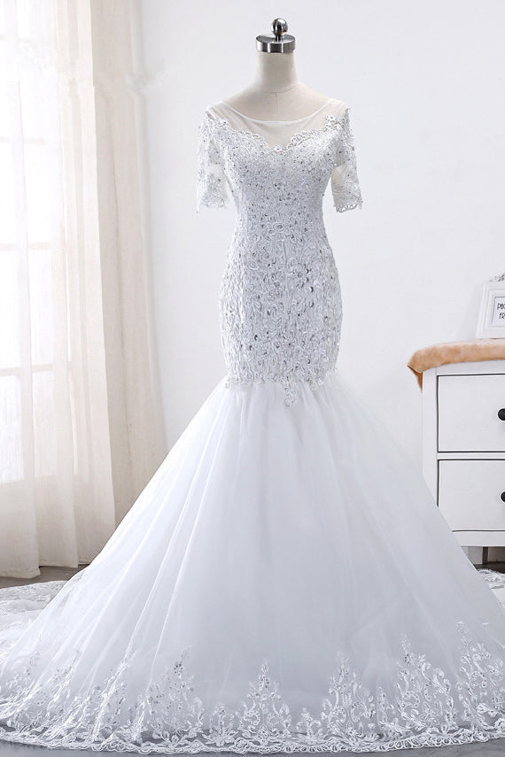 Glamorous Jewel Tulle Lace Wedding Dress Mermaid Short Sleeves Beading Bridal Gowns Online