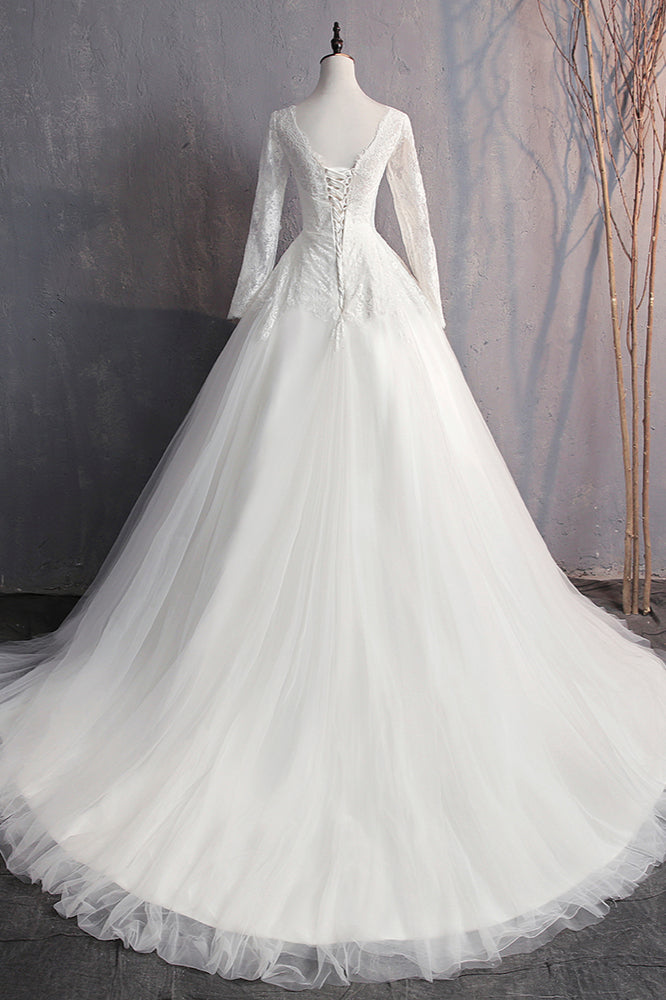 Glamorous Jewel White Tulle Lace Wedding Dress Long Sleeves Appliques Bridal Gowns On Sale