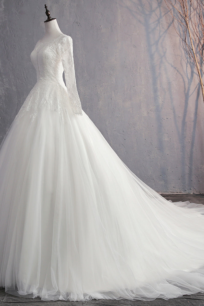Glamorous Jewel White Tulle Lace Wedding Dress Long Sleeves Appliques Bridal Gowns On Sale