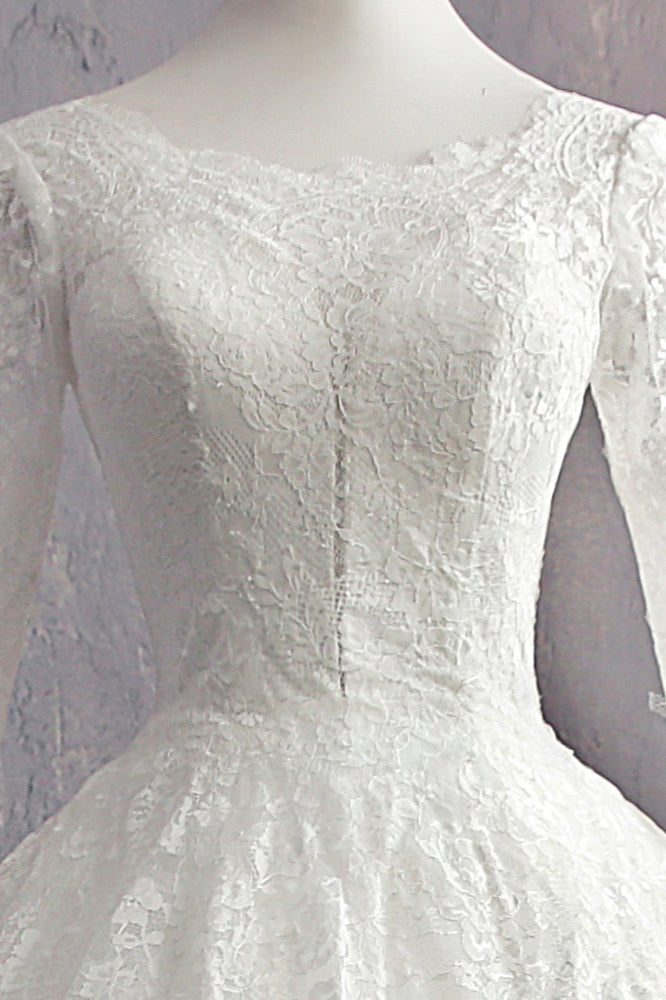 Glamorous Jewel White Tulle Lace Wedding Dress Long Sleeves Appliques Bridal Gowns On Sale