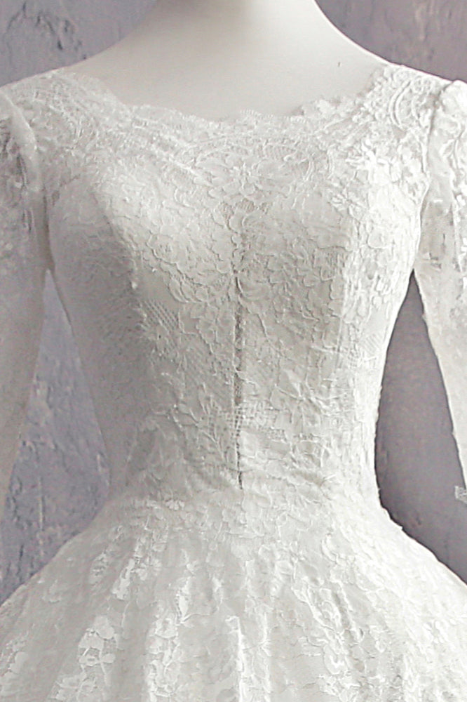 Glamorous Jewel White Tulle Lace Wedding Dress Long Sleeves Appliques Bridal Gowns On Sale