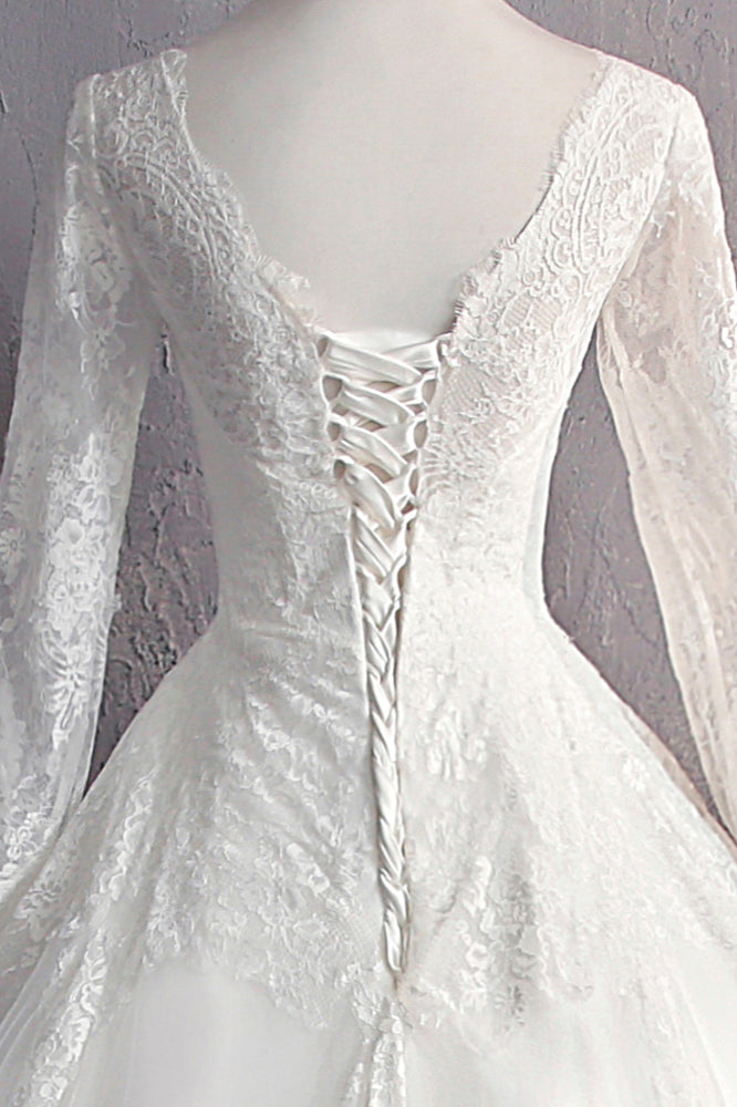 Glamorous Jewel White Tulle Lace Wedding Dress Long Sleeves Appliques Bridal Gowns On Sale