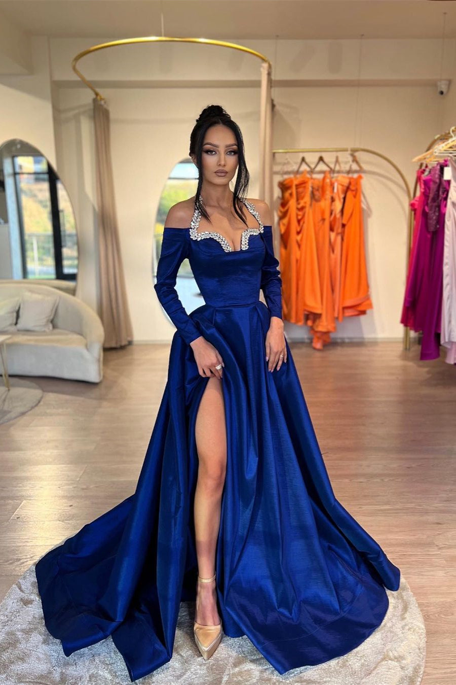 Glamorous Royal Blue A-line Halter Long Sleeves Rhinestones Prom Dress With Slit