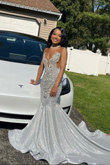 Dazzling Long Silver Mermaid Sequined Sleeveless Prom Dress with Delicate Lace Details