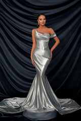 Glamorous Long Silver One-Shoulder Sequined Mermaid Gown for Prom