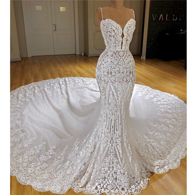 Glamorous Mermaid White Lace Wedding Dresses With Appliques Spaghetti Straps  Bridal Gowns Online