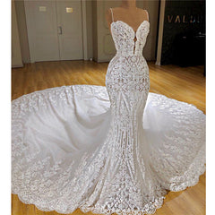 Glamorous Mermaid White Lace Wedding Dresses With Appliques Spaghetti Straps  Bridal Gowns Online