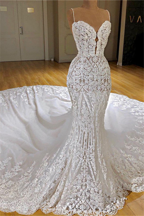Glamorous Mermaid White Lace Wedding Dresses With Appliques Spaghetti Straps  Bridal Gowns Online