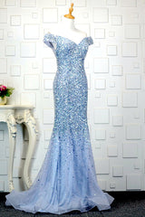 Glamorous Off-the-Shoulder Blue Mermaid Prom Dresses with Rhinestones On Sale