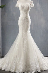 Glamorous Off-the-shoulder Mermaid Appliques Wedding Dresses Lace Tulle White Bridal Gowns On Sale