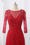 Glamorous Red Tulle Jewel Appliques Prom Dresses Long Sleeves with Rhinestones On Sale