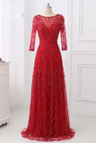 Glamorous Red Tulle Jewel Appliques Prom Dresses Long Sleeves with Rhinestones On Sale
