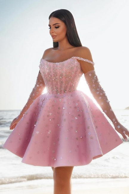 Glamorous Short Pink Cocktail Dress Off-the-shoulder Glittery Prom Dre Newinlook Glamorous Short Pink Cocktail Dress Off-the-shoulder Glittery Prom Dre Newinlook