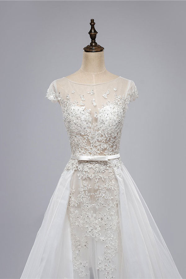 Glamorous Shortsleeves Jewel Appliques Wedding Dresses A-line Tulle Lace Bridal Gowns On Sale