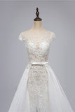 Glamorous Shortsleeves Jewel Appliques Wedding Dresses A-line Tulle Lace Bridal Gowns On Sale
