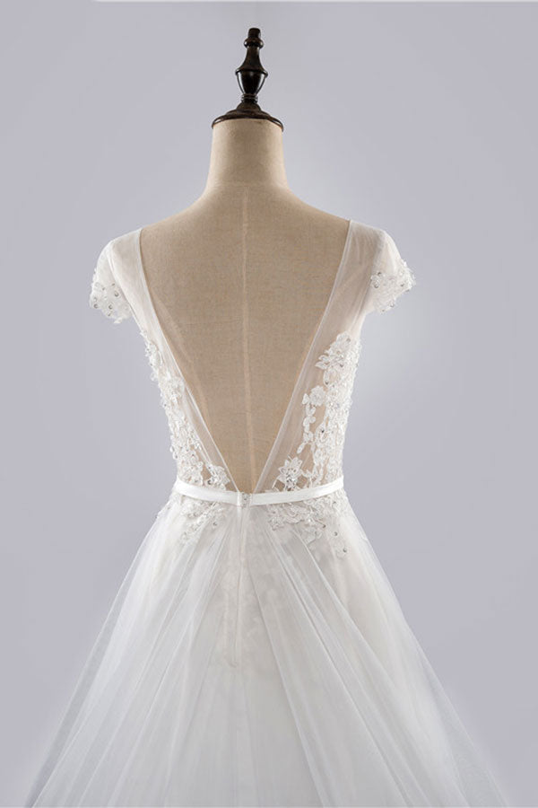 Glamorous Shortsleeves Jewel Appliques Wedding Dresses A-line Tulle Lace Bridal Gowns On Sale