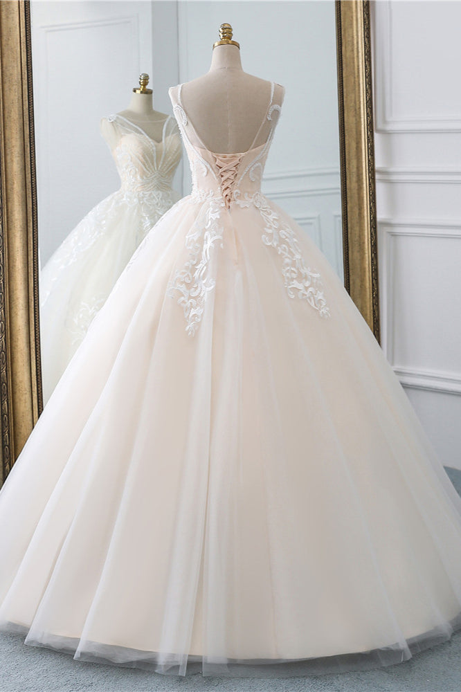 Glamorous Sleeveless Jewel Pink Wedding Dresses Tulle Ruffles Bridal Gowns With Appliques Online