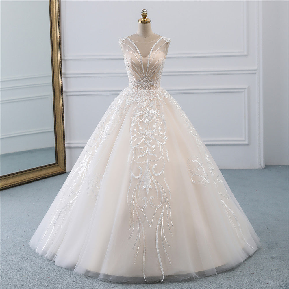 Glamorous Sleeveless Jewel Pink Wedding Dresses Tulle Ruffles Bridal Gowns With Appliques Online